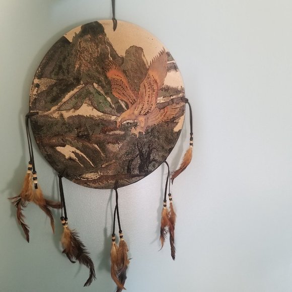 Vintage Dreamcatcher Wall Hanging Decoration Eagle Painting Feathers Mountains - Picture 2 of 9